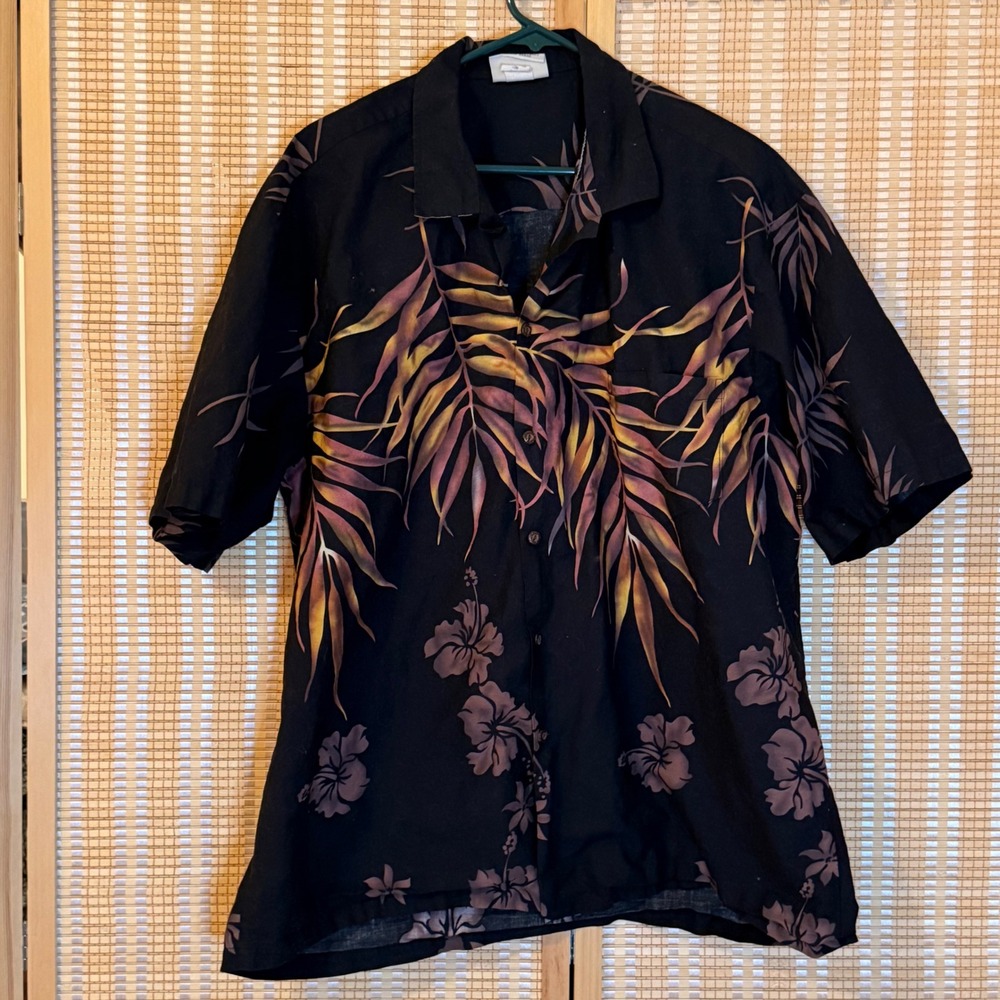 Winnie Fashion Mens 2XL Black Tropical Palm Hibiscus Hawaii Shirt Cotton XL